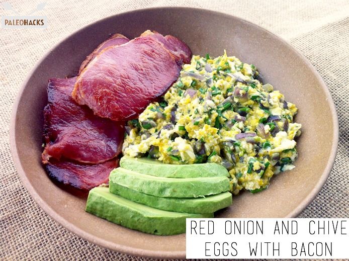Red Onion and Chive Eggs with Bacon