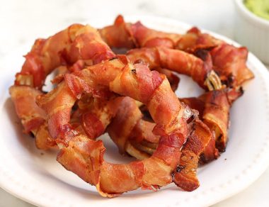 Smoked Bacon-Wrapped Onion Rings with Avocado Lime Sauce