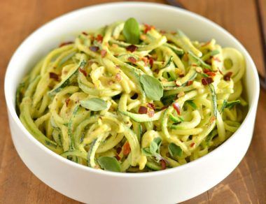 Zucchini Noodles Drizzled in Tahini Bacon Sauce