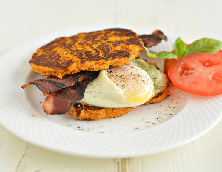 Bacon & Egg Sweet Potato Pancake Breakfast Sandwich