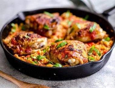 One-Pan Crispy Chicken Thighs + Tomato Cauliflower Rice