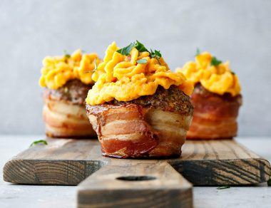 Bacon-Wrapped Meatloaf Cupcakes with Sweet Potato ‘Frosting’