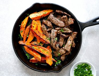 One-Pan Garlic Steak and Sweet Potato Fries
