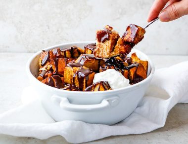 Paleo Pumpkin Bread Pudding with Chocolate Ganache